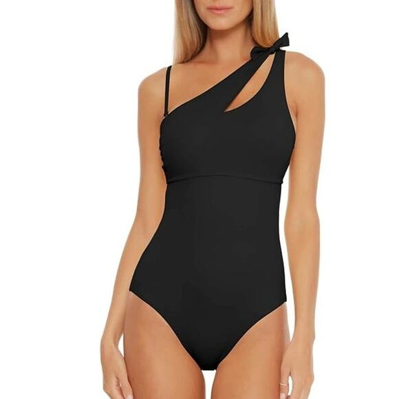 BECCA Swimsuit Size Large One Piece Asymmetrical Cutout Black NWT Removable Cups - Picture 2 of 16